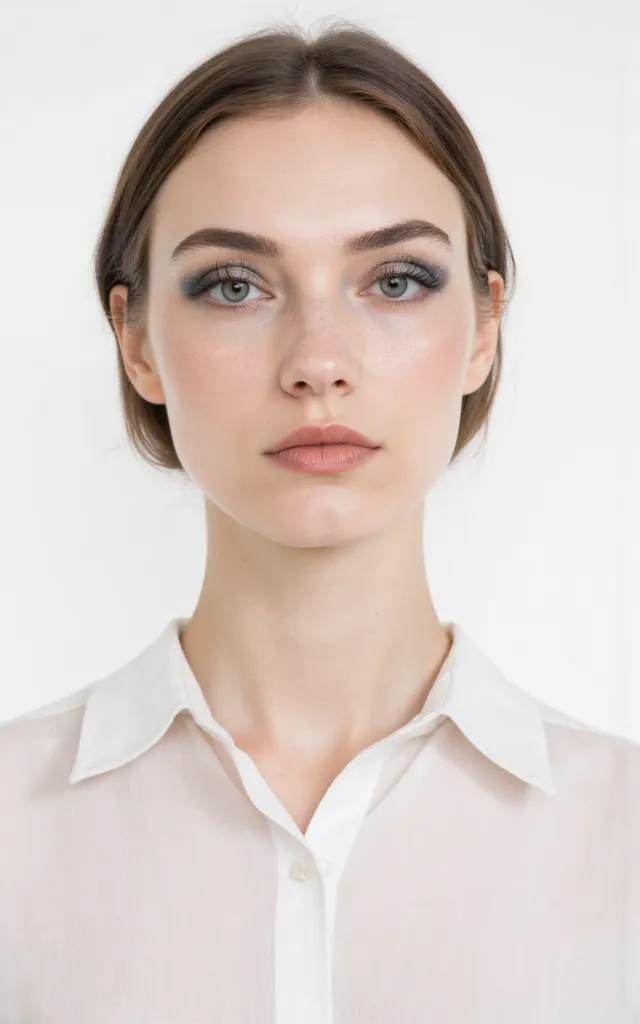 A French female model with a Winter   themed makeup style, wearing a shirt, against a white background, in a front   facing bust portrait